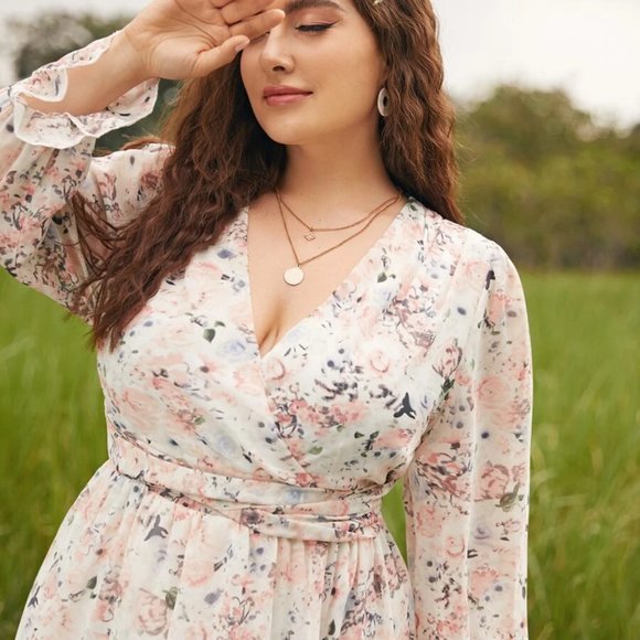 NWOT Floral Print A-Line Flounce Sleeve Dress - Picture 3 of 5